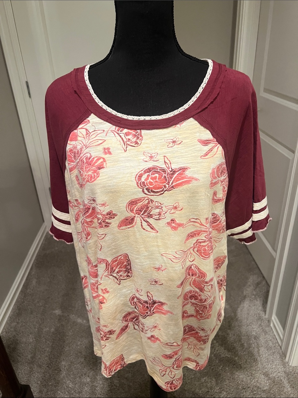 Cato Burgundy Raglan Floral Tee with Cream Body